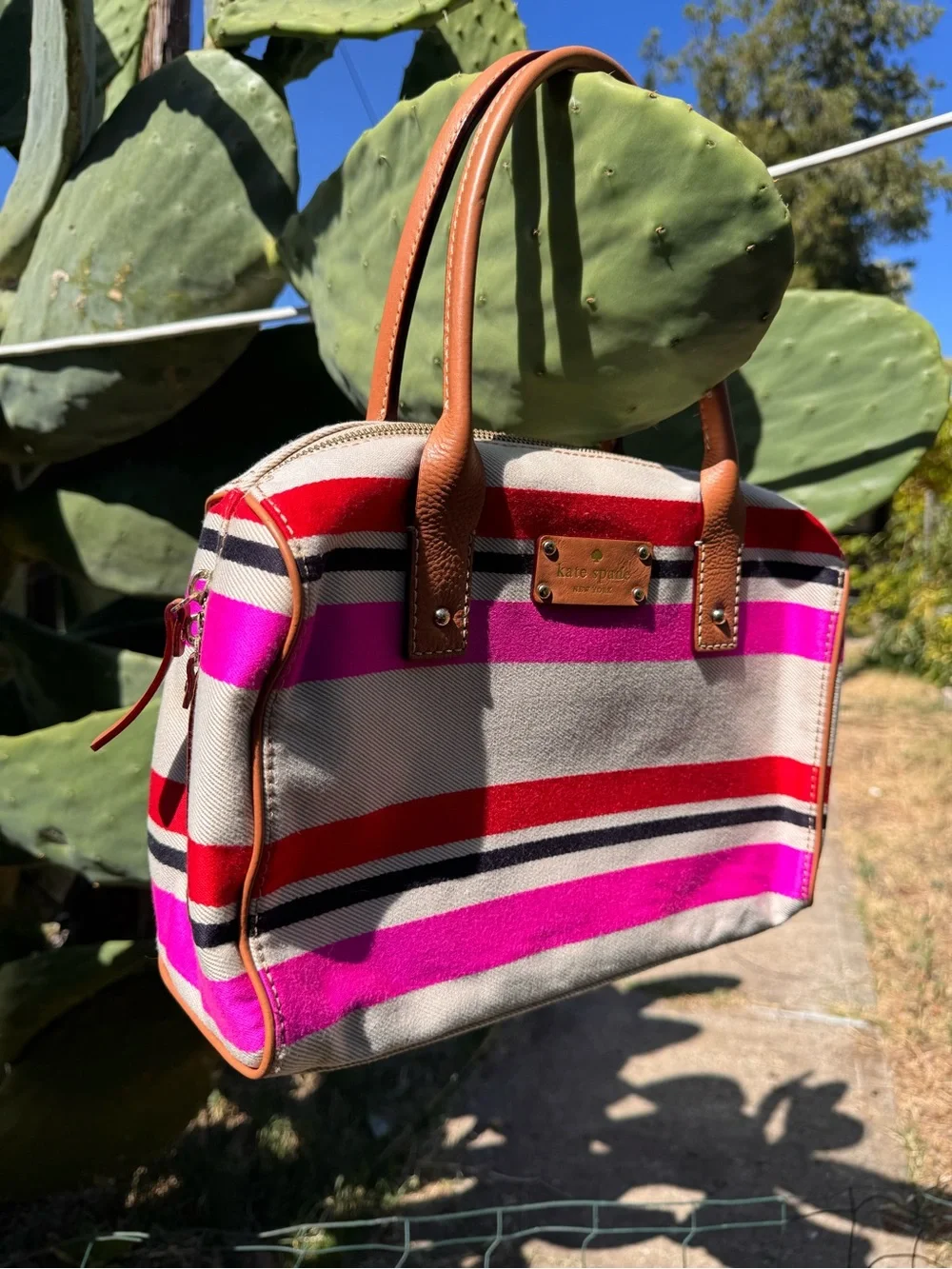 kate spade Striped Canvas Satchel in Pink, Red, Black & Cream